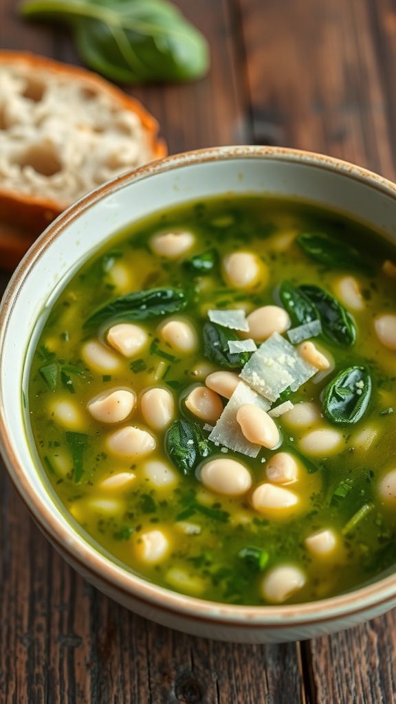 A cozy bowl of spinach and white bean soup garnished with Parmesan cheese, accompanied by crusty bread on a rustic table.